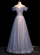 Blue Tulle Off the Shoulder Sequins Beading Prom Dress